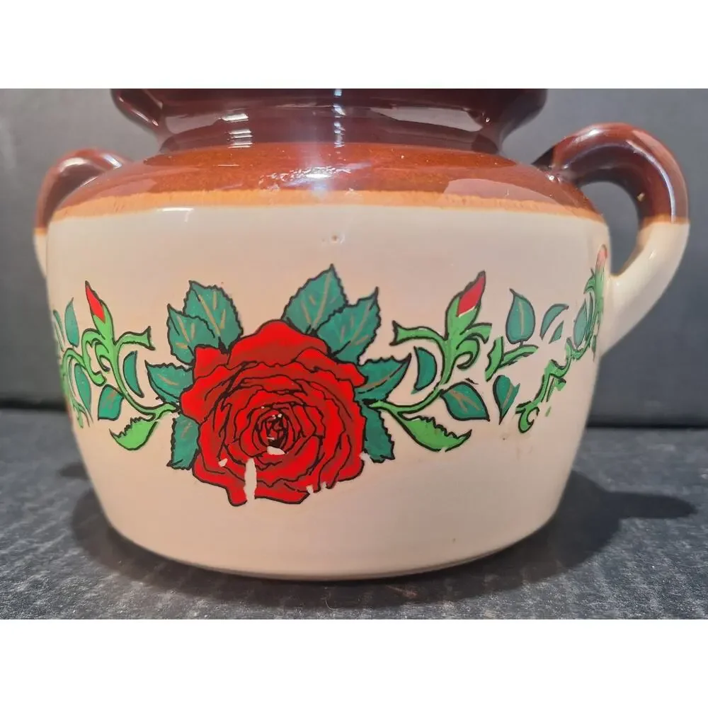 Vintage McCoy LCC USA 341 Covered Bean Pot Rare Rose Floral Decal Stoneware- HTF